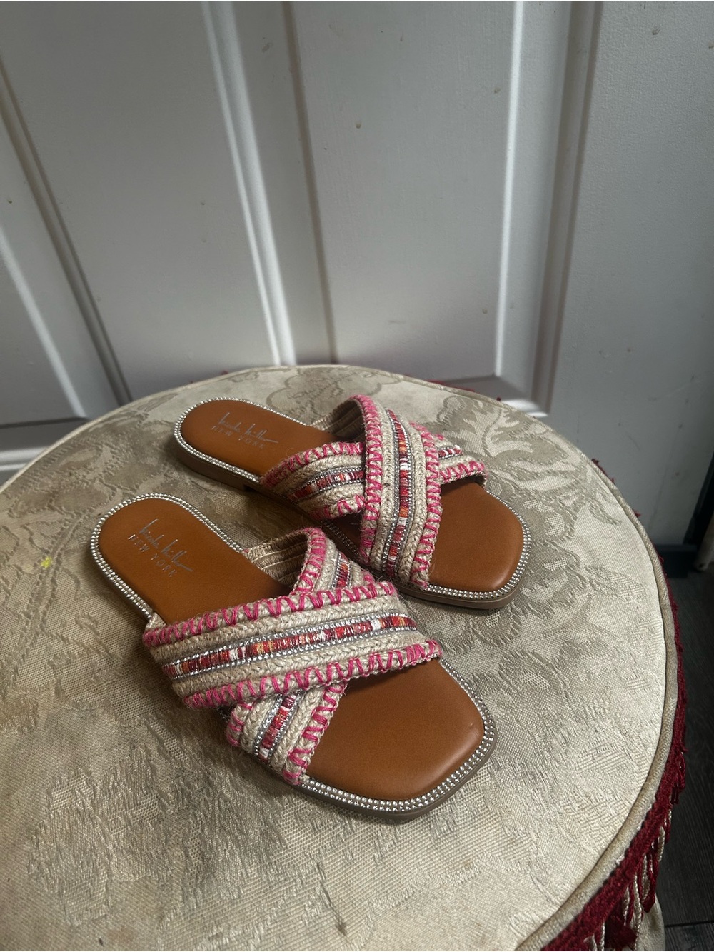 Nicole Miller women’s Crossover Pink Braided Slide flat Sandals -Sz 7